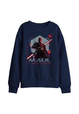 Marineblauer Pullover mit Darth Maul, der ein rotes doppelklingen Lichtschwert führt, mit dem Text „MAUL Power of the Dark Side“ darunter.