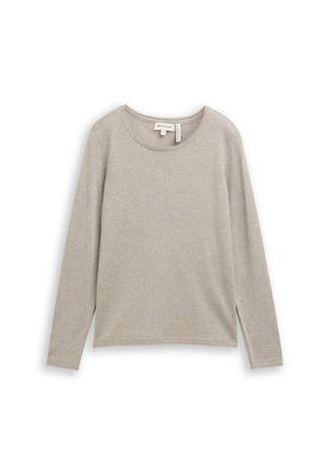 Bluzka z długim rękawem w jasnobeżowym kolorze, wykonana z miękkiego materiału, z okrągłym dekoltem, luźnym krojem i bocznymi rozcięciami dla swobody ruchów.