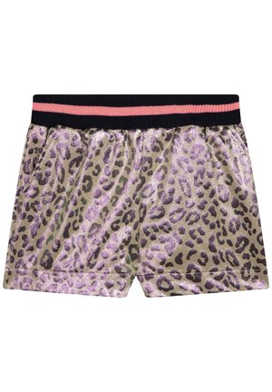 Leopardenmuster-Shorts in glänzendem Gold mit lila Flecken. Elastischer Bund mit schwarzen und rosa Streifen. Hergestellt aus leichtem Material.