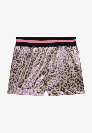 Shorts en imprimé léopard doré brillant, avec des taches violettes. Taille élastique avec des rayures noires et roses. Fabriqués à partir d'un matériau léger.