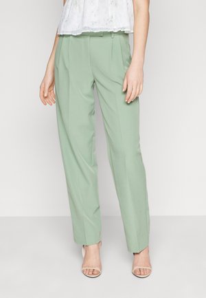 Light green tailored trousers with a high waist, featuring pleats and a straight leg design. Smooth fabric and a versatile style.
