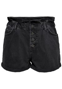 Shorts de mezclilla negra con un diseño de cintura alta, dobladillos enrollados y un cierre delantero con cinco botones de metal.