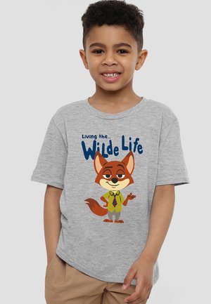 Gray short-sleeve t-shirt featuring a cartoon fox character in a green shirt and tie with the text “Living the Wilde Life” in blue.