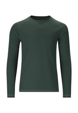 Mørkegrøn langærmet rundhalset skjorte med struktureret stof og synlige syninger ved skuldre og ærmekanter, vist på en hvid baggrund.