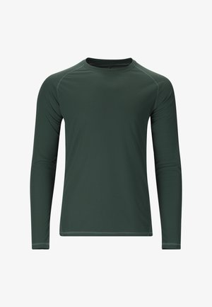 Mørkegrøn langærmet rundhalset skjorte med struktureret stof og synlige syninger ved skuldre og ærmekanter, vist på en hvid baggrund.