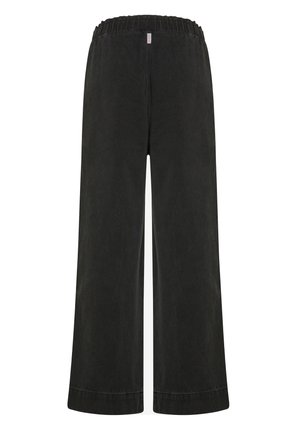 Pantaloni neri a gamba larga con una vita elasticizzata, realizzati in tessuto morbido. Cuciture piatte e vestibilità comoda. Nessuna tasca visibile o motivi distintivi.