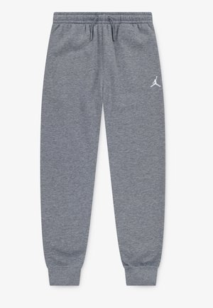 Gray sweatpants made of soft fabric, featuring an elastic waistband with drawstring, ribbed cuffs, and a white Jumpman logo on the left thigh.