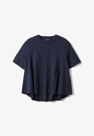 Marineblaues T-Shirt mit kurzen Ärmeln, rundem Ausschnitt, weiter Passform und leicht verlängertem Rückensaum.