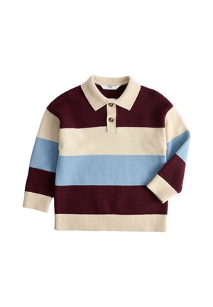 Sweter polo z długim rękawem, wykonany na drutach, z szerokimi poziomymi paskami w kolorach bordowym, kremowym i jasnoniebieskim, z dwoma guzikami oraz ściągaczami przy mankietach i u dołu.