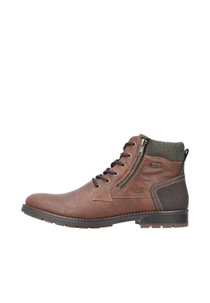 Braune Leder-Ankle-Boots mit robustem Design, featuring einen seitlichen Reißverschluss, Schnürung vorne und einem strukturierten Grauton am Absatz.