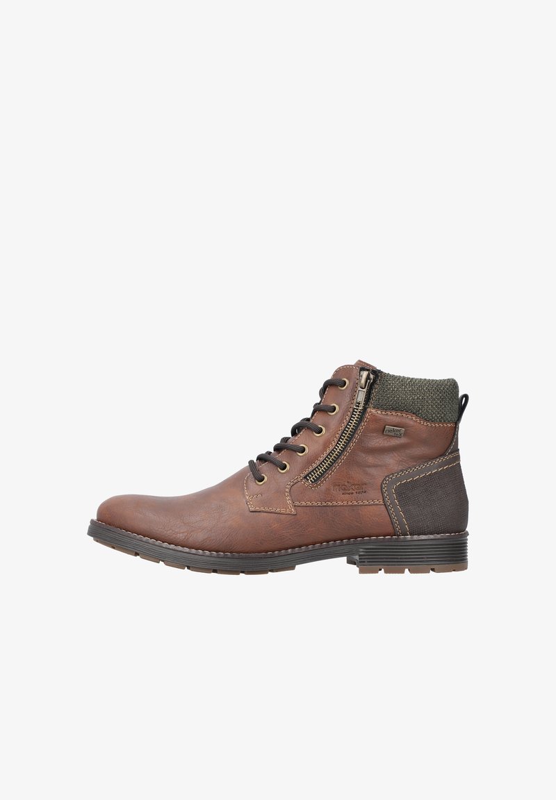 Braune Leder-Ankle-Boots mit robustem Design, featuring einen seitlichen Reißverschluss, Schnürung vorne und einem strukturierten Grauton am Absatz.