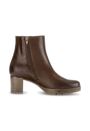 Brauner Lederstiefelette mit seitlichem Reißverschluss, Blockabsatz und geriffelter Gummisohle auf weißem Hintergrund.
