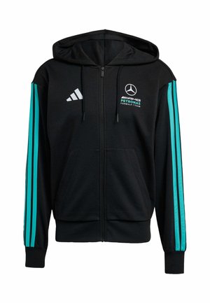 Black zip-up hoodie with a drawstring hood, featuring distinctive teal stripes on the sleeves and logo accents on the chest.