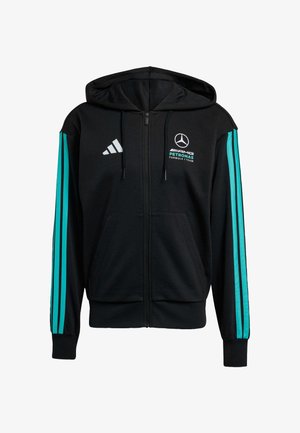 Schwarzer Kapuzenpullover mit Reißverschluss und Kordelzug, ausgestattet mit markanten türkisfarbenen Streifen an den Ärmeln und Logoakzenten auf der Brust.