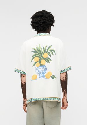 Άνδρας με σγουρά μαλλιά και λεύκη, φοράει λευκό κοντομάνικο πουκάμισο με πράσινο τελείωμα και εκτύπωση λεμονιάς σε μπλε βάζο στην πλάτη, ανοιχτόγκρι παντελόνι.