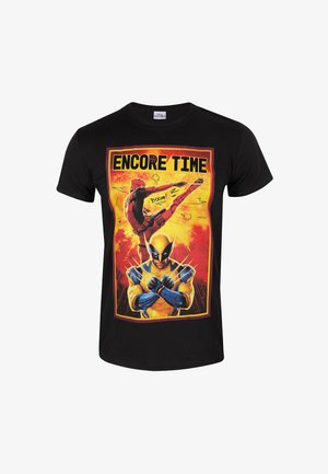 Zwarte katoen t-shirt met een kleurrijke comicprint met de tekst "ENCORE TIME" en twee personages, één in geel-blauw en de ander in rood.
