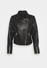 Veste de motard en cuir noir avec fermeture éclair frontale asymétrique, deux poches latérales zippées et poignets zippés.