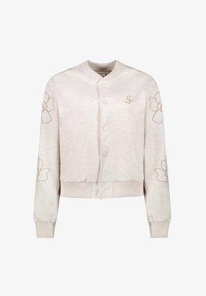 Hellbeige Bomberjacke mit rundem Kragen, Knopfverschluss vorne, gerippten Bündchen und floraler Stickerei an den Ärmeln. Weicher Stoff.