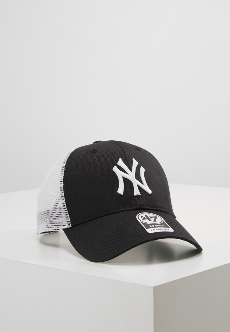 Black baseball cap with white mesh back, featuring a prominent embroidered logo on the front and a curved visor. 47 brand tag visible.