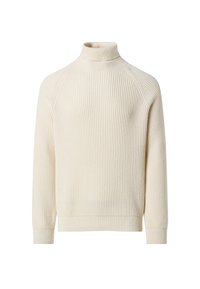 Maglione a collo alto di colore crema realizzato in materiale a coste; presenta maniche lunghe e una vestibilità aderente con una finitura testurizzata.