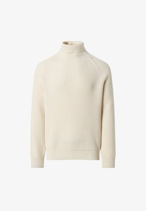 Cremfarbener Rollkragenpullover aus geripptem Strickmaterial; verfügt über lange Ärmel und eine figurbetonte Passform mit strukturiertem Finish.