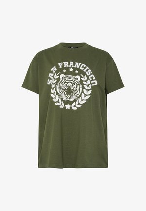 Olivengrøn t-shirt med hvid tigeransigt-grafik omgivet af laurbærblade, stjerner og teksten "San Francisco" ovenover.