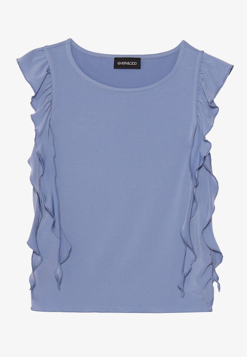 Blouse bleue sans manches avec un col rond et des détails de volants en cascade le long des deux côtés et des épaules.
