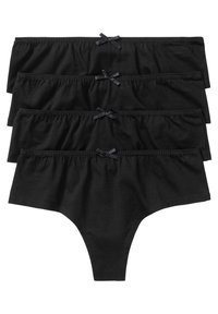 Culottes en coton noir avec une taille élastique, ornées d'un petit nœud au centre devant. Quatre pièces présentées en une pile.