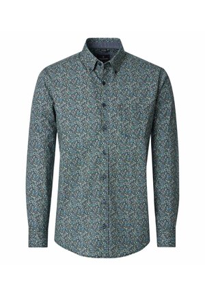 Langärmliges Hemd mit Knopfleiste und kleinem Blumenmuster in Blau-, Grün- und Weißtönen, mit einer aufgesetzten Brusttasche vorne.