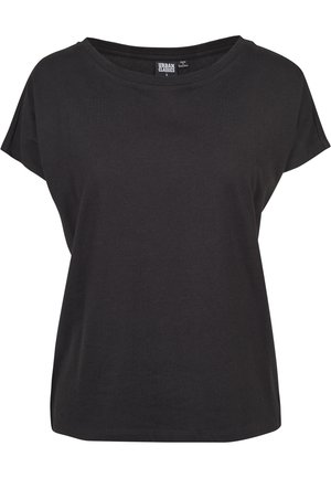 T-shirt noir en coton à manches courtes avec un col rond et une étiquette indiquant Urban Classics taille small au niveau du col.