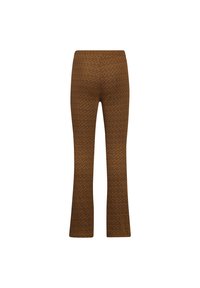 Bruine uitlopende broek met een zigzagpatroon, gemaakt van rekbare stof, met een aansluitende tailleband en vloeiende pijpen.