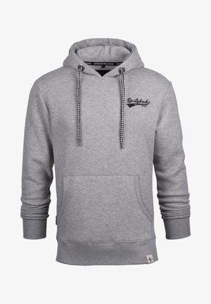 Grey hoodie made of cotton blend. Features a front pocket, black embroidered logo, and checkered drawstrings. Ribbed cuffs and hem.