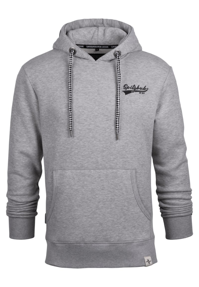 Graue Kapuzenjacke aus Baumwollmischung. Mit einer Vordertasche, schwarz gesticktem Logo und karierten Kordeln. Gerippte Bündchen und Saum.