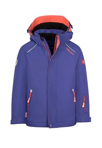 Lila wasserdichte Jacke mit einem orangefarbenen Innenfutter der Kapuze und Reißverschlüssen. Verfügt über reflektierende Akzente und ein norwegisches Flaggen-Patch auf dem Ärmel.