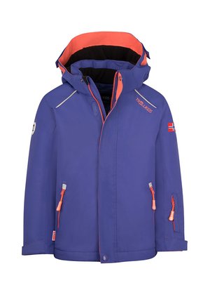 Purple waterproof jacket with an orange hood interior and zippers. Features reflective accents and Norwegian flag patch on the sleeve.