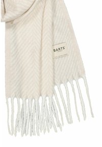 Lichtbeige sjaal met een visgraatpatroon, witte franjes en een label met de tekst "BARTS". Gemaakt van een zachte, gestructureerde stof.