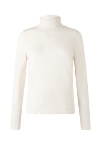 Weißer Rollkragenpullover aus weichem Strickmaterial, mit langen Ärmeln und einer figurbetonten Silhouette ohne sichtbare Muster oder Beschläge.
