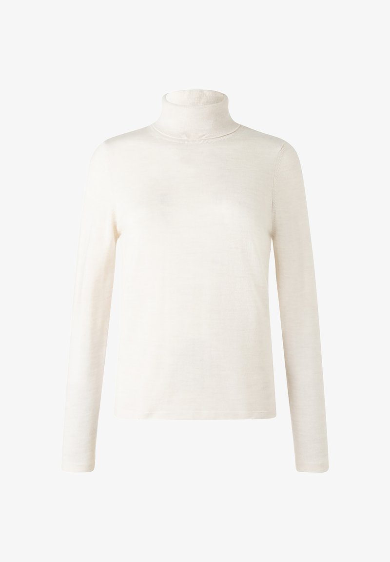 Biała sweterka z golfem, wykonana z miękkiej dzianiny, z długimi rękawami i dopasowanym krojem, bez widocznych wzorów czy ozdób.