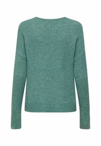 Maglione a maniche lunghe in teal verde lavorato a maglia, con polsini e orlo a coste, mostrato da dietro su uno sfondo bianco.