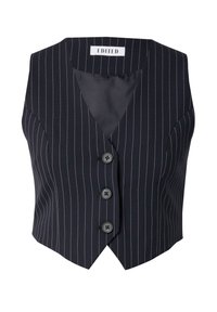 Schwarze ärmellose Weste mit weißen vertikalen Streifen, tiefem V-Ausschnitt, fünf Knöpfen und strukturierter Silhouette. Glatte Innenauskleidung.