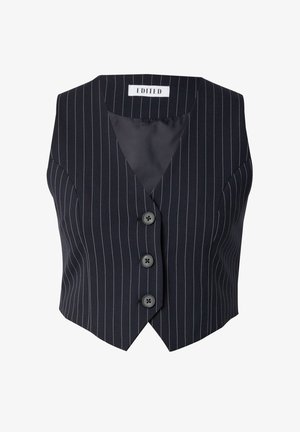 Schwarze ärmellose Weste mit weißen vertikalen Streifen, tiefem V-Ausschnitt, fünf Knöpfen und strukturierter Silhouette. Glatte Innenauskleidung.