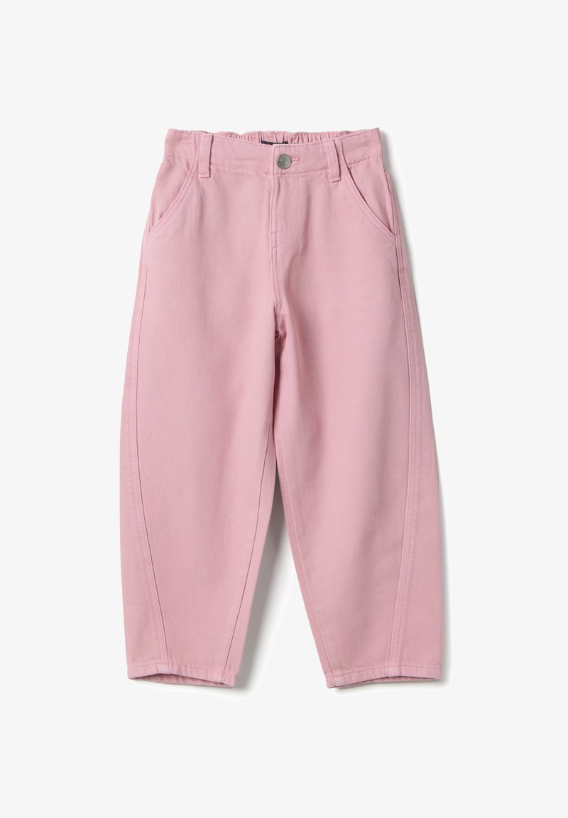 Pantaloni di cotone rosa con vita elastica, quattro tasche e gambe affusolate. Tessuto liscio con dettagli di cuciture visibili.