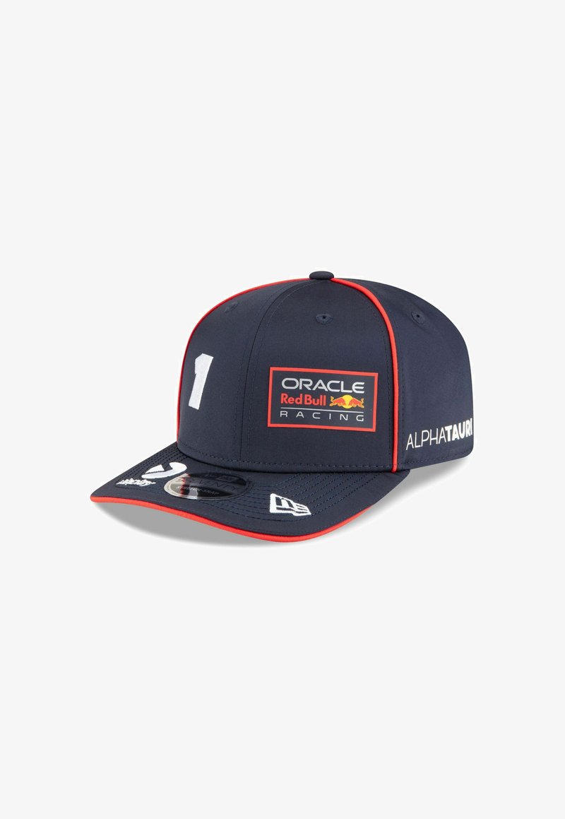 Navy cap with red accents, featuring a white number "1" and logos for Oracle Red Bull Racing and AlphaTauri. Soft fabric, structured design.
