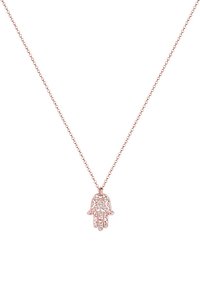 Roségoldene Halskette mit einem Hamsa-Hand-Anhänger, der mit klaren Kristallen verziert ist, an einer zarten Kette mit gleichmäßig verteilten Gliedern.
