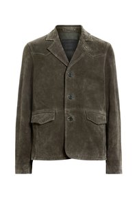 Blazer homme en daim marron foncé avec trois boutons, revers crantés et deux poches à rabat à l'avant.