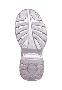 Schoenzool met een gestructureerd, lichtpaarse ontwerp en diepe groeven voor grip, met een merkdetail in een rond embleem.
