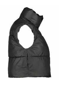 Chaleco de plumas negro con una capucha oversized y un centro recortado. Presenta una textura acolchada y un acabado suave en toda su superficie.