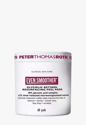 Witte cilindrische container met het etiket "Even Smoother" in kastanjebruine tekst, gevuld met glycolzuur retinol resurfacingspads, 60 pads.