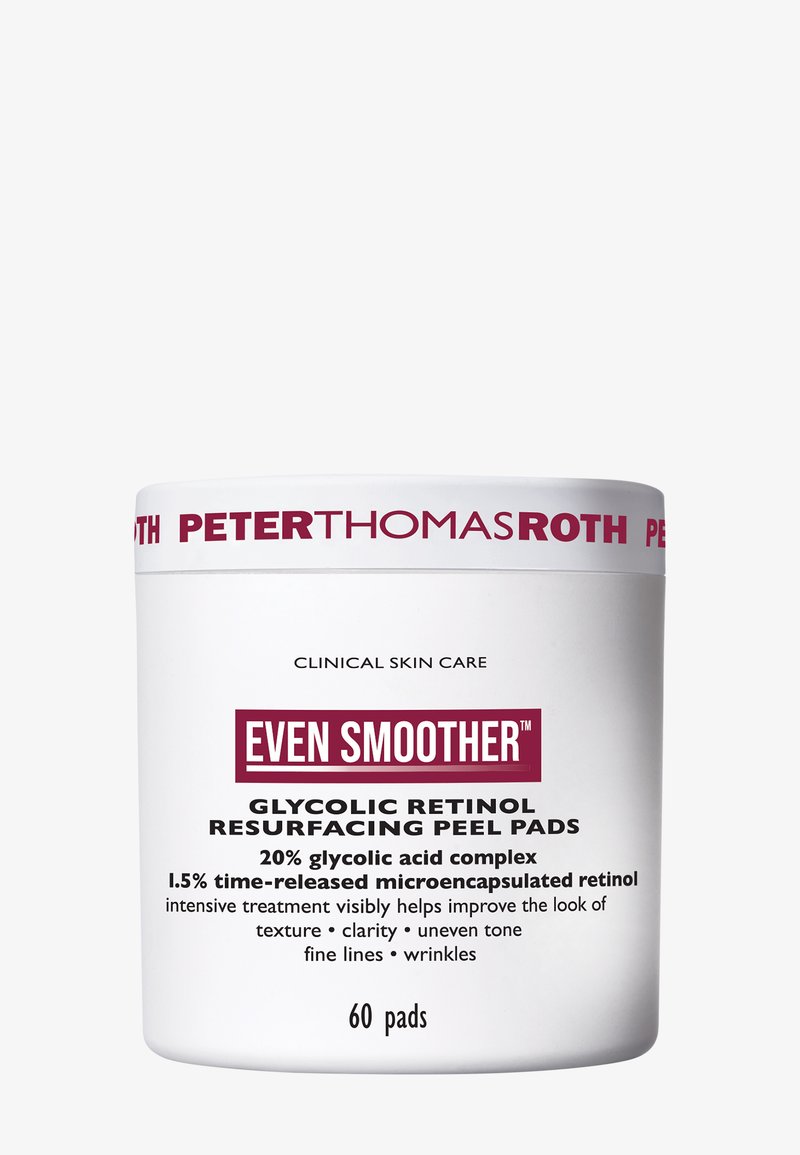 Récipient cylindrique blanc étiqueté "Encore plus lisse" avec du texte bordeaux, contenant des tampons de peeling resurfaçants au rétinol glycolique, 60 tampons.