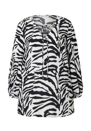 Schwarz-weißes Zebra-Print-Bluse mit V-Ausschnitt, Kordelzugdetails und Puffärmeln, aus einem leichten, strukturierten Stoff gefertigt.